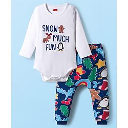 Babyhug 100% Cotton Knit Full Sleeves Onesie with Bootie Leggings & Animal Print - Navy Blue & White