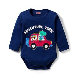 Babyhug 100% Cotton Interlock Knit Full Sleeves Vehicle Printed Onesies With Leggings Cap & Booties - Navy Blue