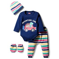 Babyhug 100% Cotton Interlock Knit Full Sleeves Vehicle Printed Onesies With Leggings Cap & Booties - Navy Blue