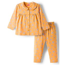 Babyhug Cotton Knit Full Sleeves Co-ord Night Suit With Floral Print - Yellow
