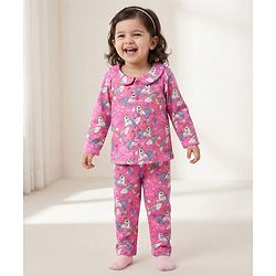 Babyhug 100% Cotton Knit Full Sleeves Co-ords Front Open Night Suit with Unicorn Print - Pink