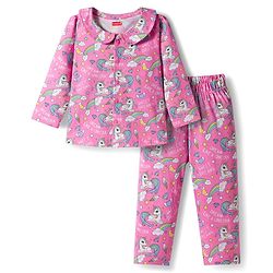 Babyhug 100% Cotton Knit Full Sleeves Co-ords Front Open Night Suit with Unicorn Print - Pink