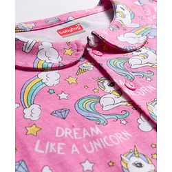 Babyhug 100% Cotton Knit Full Sleeves Co-ords Front Open Night Suit with Unicorn Print - Pink