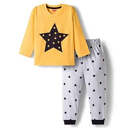 Babyhug Cotton Knit Full Sleeves Night Suit With Star Print - Yellow & White