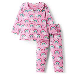 Babyhug Cotton Knit Full Sleeves Co-ord Night Suit With Rainbow Print - Pink
