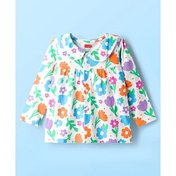 Babyhug Cotton Knit Full Sleeves Co-ord Night Suit With Floral Print - White