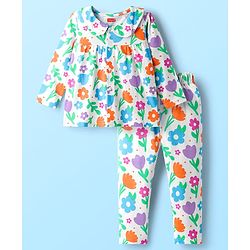 Babyhug Cotton Knit Full Sleeves Co-ord Night Suit With Floral Print - White