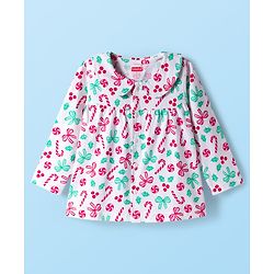 Babyhug Cotton Knit Full Sleeves Co-ord Night Suit With Candy Print - White
