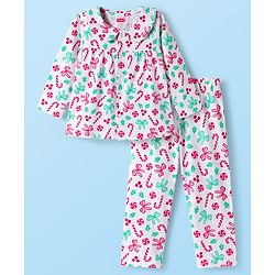 Babyhug Cotton Knit Full Sleeves Co-ord Night Suit With Candy Print - White