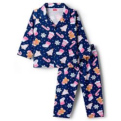 Babyhug Cotton Knit Full Sleeves Co-ord Night Suit With Christmas Theme Print - Navy Blue