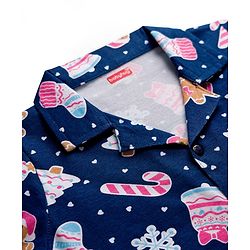 Babyhug Cotton Knit Full Sleeves Co-ord Night Suit With Christmas Theme Print - Navy Blue