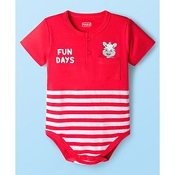 Babyhug 100% Cotton Knit Half Sleeves Striped Onesie with Text Print - Red