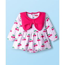 Babyhug 100% Cotton Knit Full Sleeves Frock Style Onesie with Bow Applique & Cherry Print - White