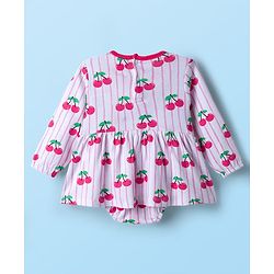 Babyhug 100% Cotton Knit Full Sleeves Frock Style Onesie with Bow Applique & Cherry Print - White