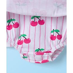 Babyhug 100% Cotton Knit Full Sleeves Frock Style Onesie with Bow Applique & Cherry Print - White