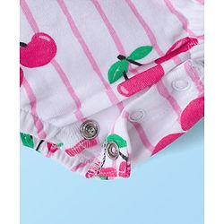 Babyhug 100% Cotton Knit Full Sleeves Frock Style Onesie with Bow Applique & Cherry Print - White