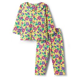 Babyhug Cotton Knit Full Sleeves Co-ord Night Suit With Floral Print - Yellow