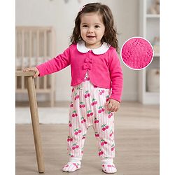 Babyhug 100% Cotton Knit Full Sleeves Striped Romper with Booties & Cherry Print - Multicolor