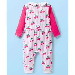 Babyhug 100% Cotton Knit Full Sleeves Striped Romper with Booties & Cherry Print - Multicolor
