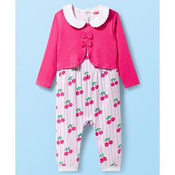 Babyhug 100% Cotton Knit Full Sleeves Striped Romper with Booties & Cherry Print - Multicolor
