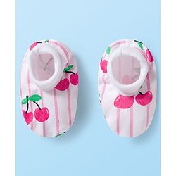 Babyhug 100% Cotton Knit Full Sleeves Striped Romper with Booties & Cherry Print - Multicolor
