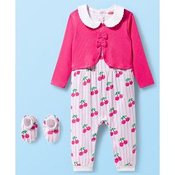 Babyhug 100% Cotton Knit Full Sleeves Striped Romper with Booties & Cherry Print - Multicolor