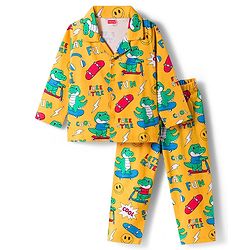 Babyhug Cotton Knit Full Sleeves Co-ord Night Suit With Dino Print - Yellow