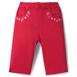 Babyhug Twill Woven Capri With Stretch & Floral Embroidery - Coral