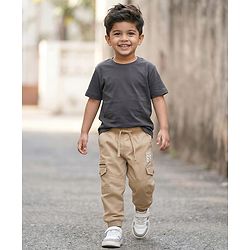 Babyhug Tussor Woven Full Length Trousers With Pockets & Route 66 Print - Khaki