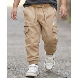 Babyhug Tussor Woven Full Length Trousers With Pockets & Route 66 Print - Khaki