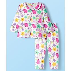 Babyhug Cotton Knit Full Sleeves Co-ord Night Suit With Floral & Butterfly Print - White