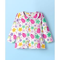 Babyhug Cotton Knit Full Sleeves Co-ord Night Suit With Floral & Butterfly Print - White