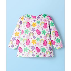 Babyhug Cotton Knit Full Sleeves Co-ord Night Suit With Floral & Butterfly Print - White