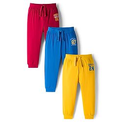 Babyhug Cotton Knit Full Length Lounge Pant With Text Print Pack Of 3 - Yellow Red & Blue