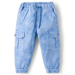 Babyhug Twill Woven Full Length Trouser With Leaf Print & Stretch - Blue