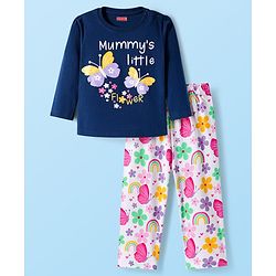 Babyhug Cotton Knit Full Sleeves Night Suit With Floral Print - Navy Blue