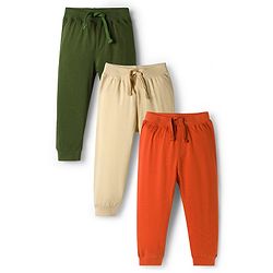 Babyhug Cotton Jersey Knit Full Length Solid Colour Lounge Pant Pack Of 3 - Green Cream & Rust Orange