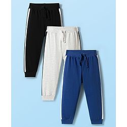 Babyhug Cotton Jersey Knit Full Length Solid Color Lounge Pants with Tape Detailing Pack of 3 - Multicolor