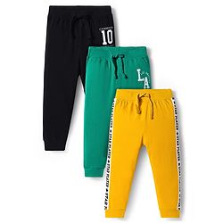 Babyhug Cotton Knit Full Length Lounge Pants with Sports Theme Print Pack of 3 - Yellow Mint & Black