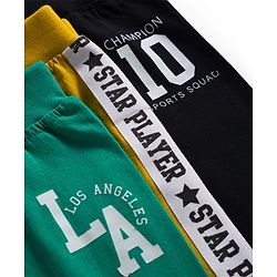 Babyhug Cotton Knit Full Length Lounge Pants with Sports Theme Print Pack of 3 - Yellow Mint & Black
