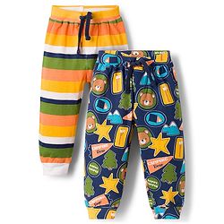 Babyhug Cotton Jersey Knit Full Length Striped & Teddy Bear Printed Lounge Pants Pack of 2 - Multicolor