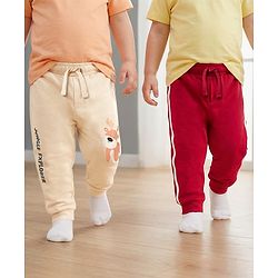 Babyhug Cotton Knit Full Length Lounge Pants with Animal Print & Tape Detailing - Red & Cream