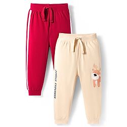 Babyhug Cotton Knit Full Length Lounge Pants with Animal Print & Tape Detailing - Red & Cream
