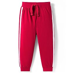 Babyhug Cotton Knit Full Length Lounge Pants with Animal Print & Tape Detailing - Red & Cream