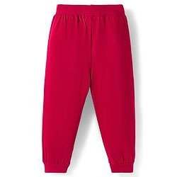 Babyhug Cotton Knit Full Length Lounge Pants with Animal Print & Tape Detailing - Red & Cream