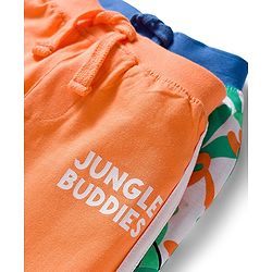 Babyhug Cotton Knit Full Length Lounge Pants with Jungle Print & Tape Detailing - Orange & Blue