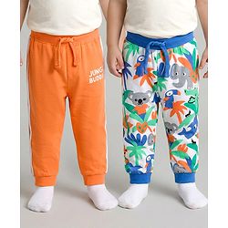 Babyhug Cotton Knit Full Length Lounge Pants with Jungle Print & Tape Detailing - Orange & Blue