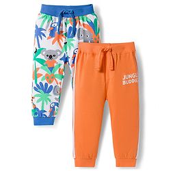 Babyhug Cotton Knit Full Length Lounge Pants with Jungle Print & Tape Detailing - Orange & Blue