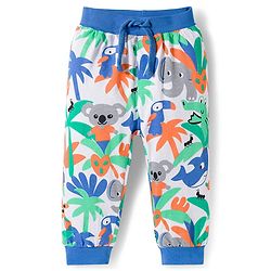Babyhug Cotton Knit Full Length Lounge Pants with Jungle Print & Tape Detailing - Orange & Blue