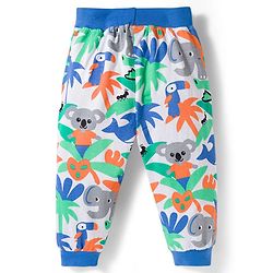 Babyhug Cotton Knit Full Length Lounge Pants with Jungle Print & Tape Detailing - Orange & Blue